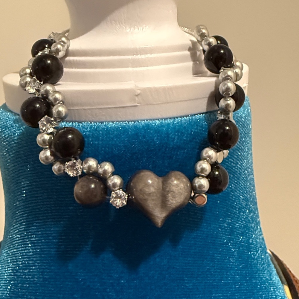 Handcrafted heart Accent Beaded (OBSIDIAN) stone- (protection ) adjustable